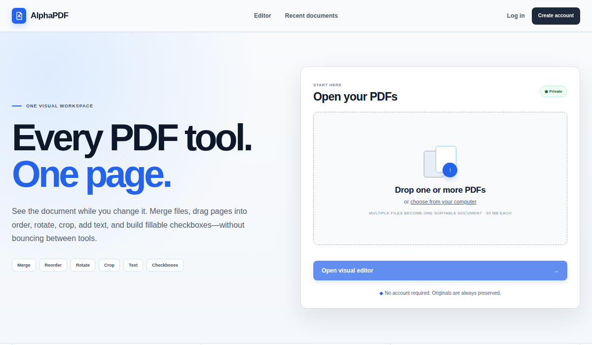 AlphaPDF visual PDF editing workspace