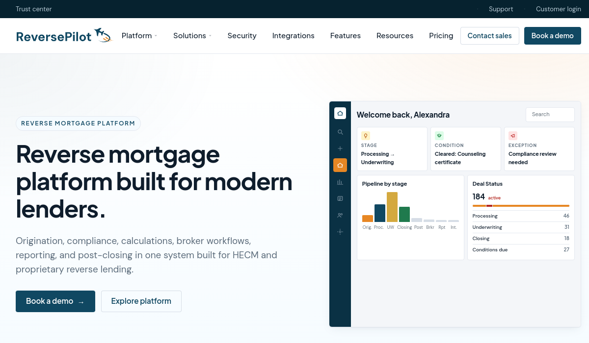 ReversePilot reverse mortgage platform dashboard
